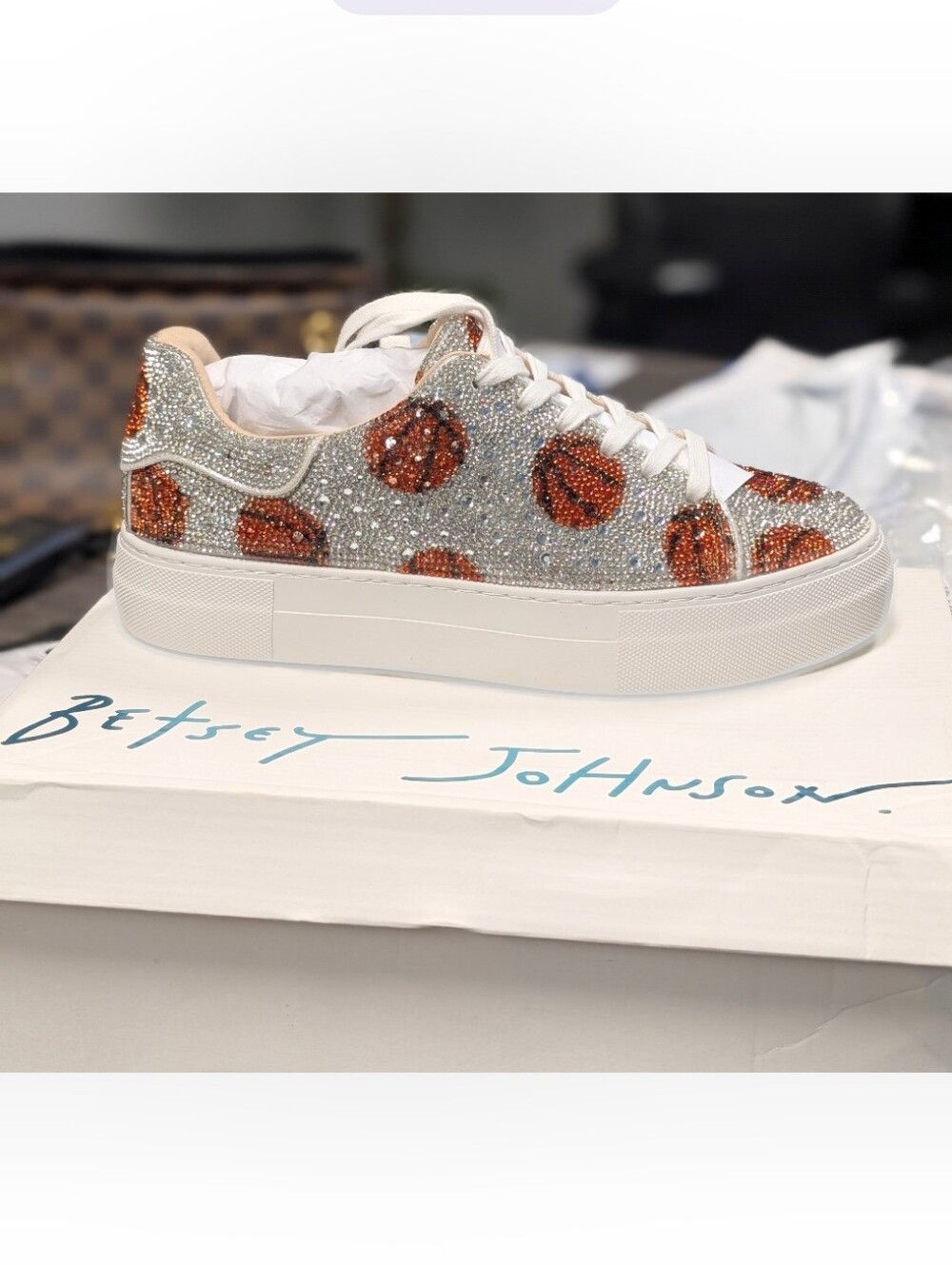 Betsey Johnson Silver Crystal Platform Sneakers with Copper Sequin Spots